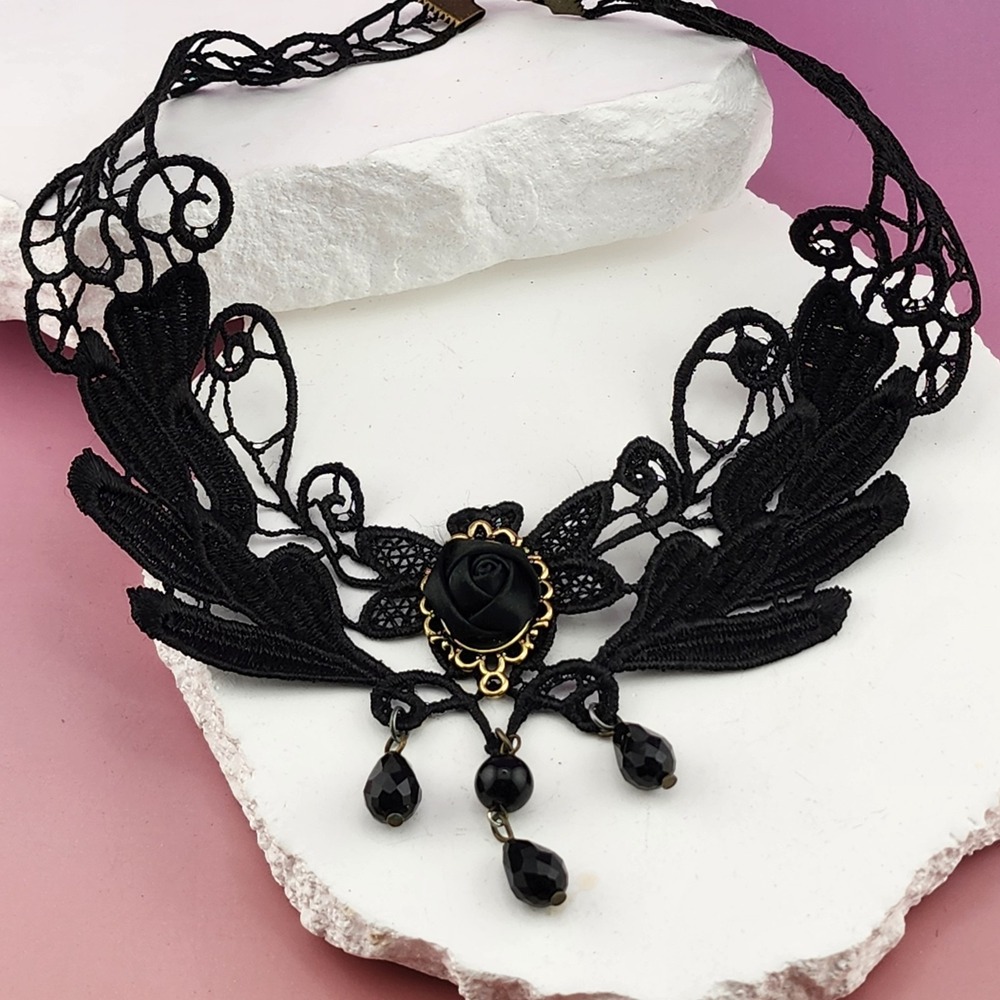 Black Lace Rose Choker Necklace Black Faceted Bead Drops Gothic Floral Statement